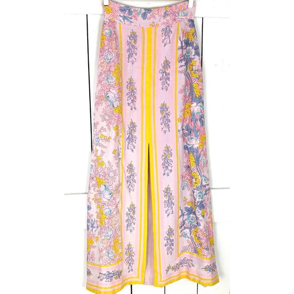 60s vintage pink yellow floral long aline front slit maxi skirt - Picture 2 of 5